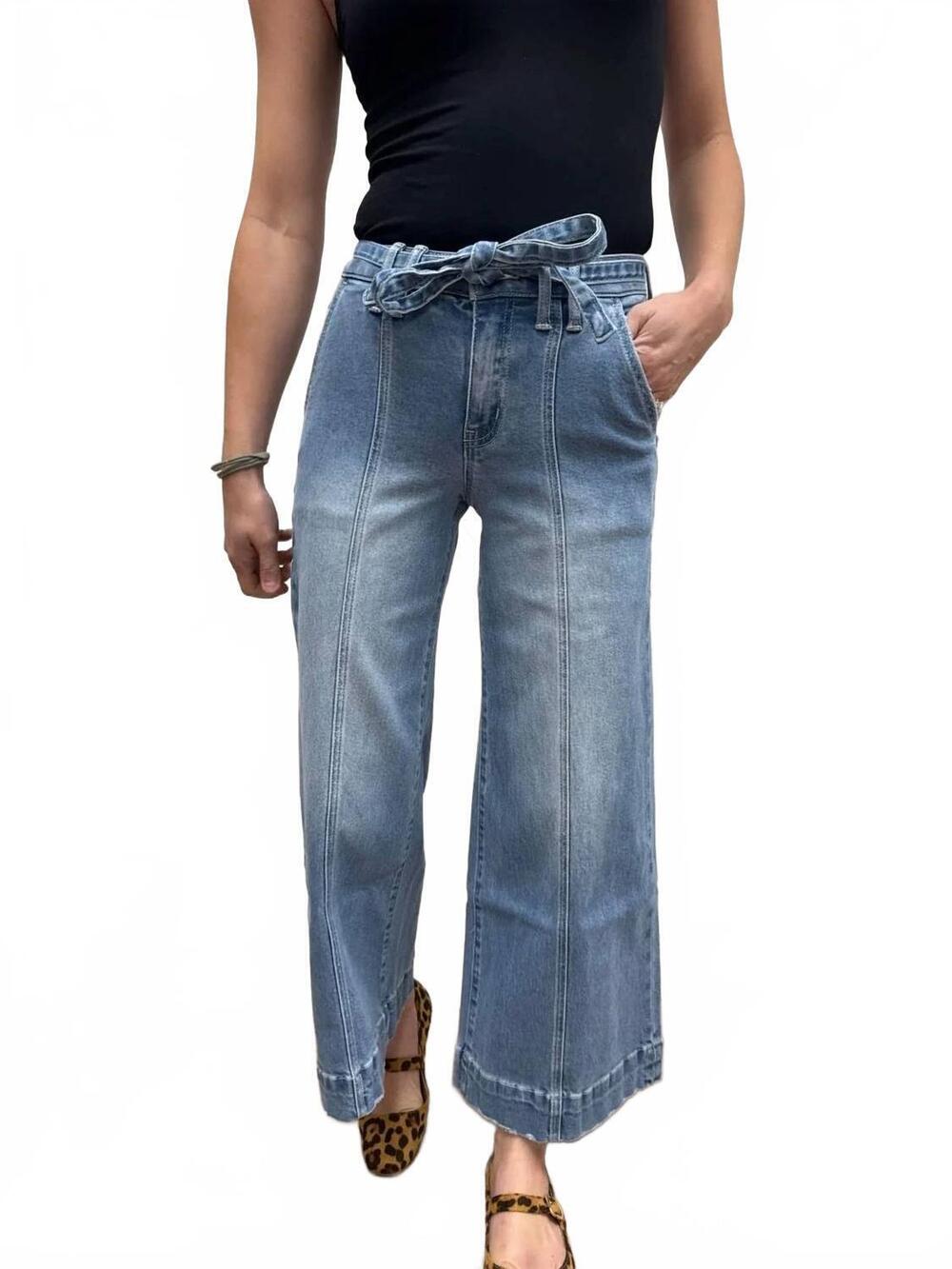NEW VERVET BY FLYING MONKEY high rise tie waist crop palazzo pants in light wash